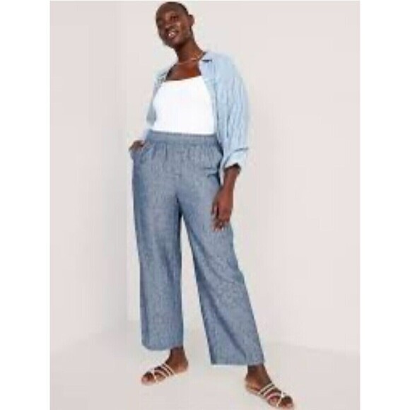 Old Navy Pants Wide Leg High Rise Linen Womens 4X Blue Chambray Coastal Resort - Picture 1 of 15